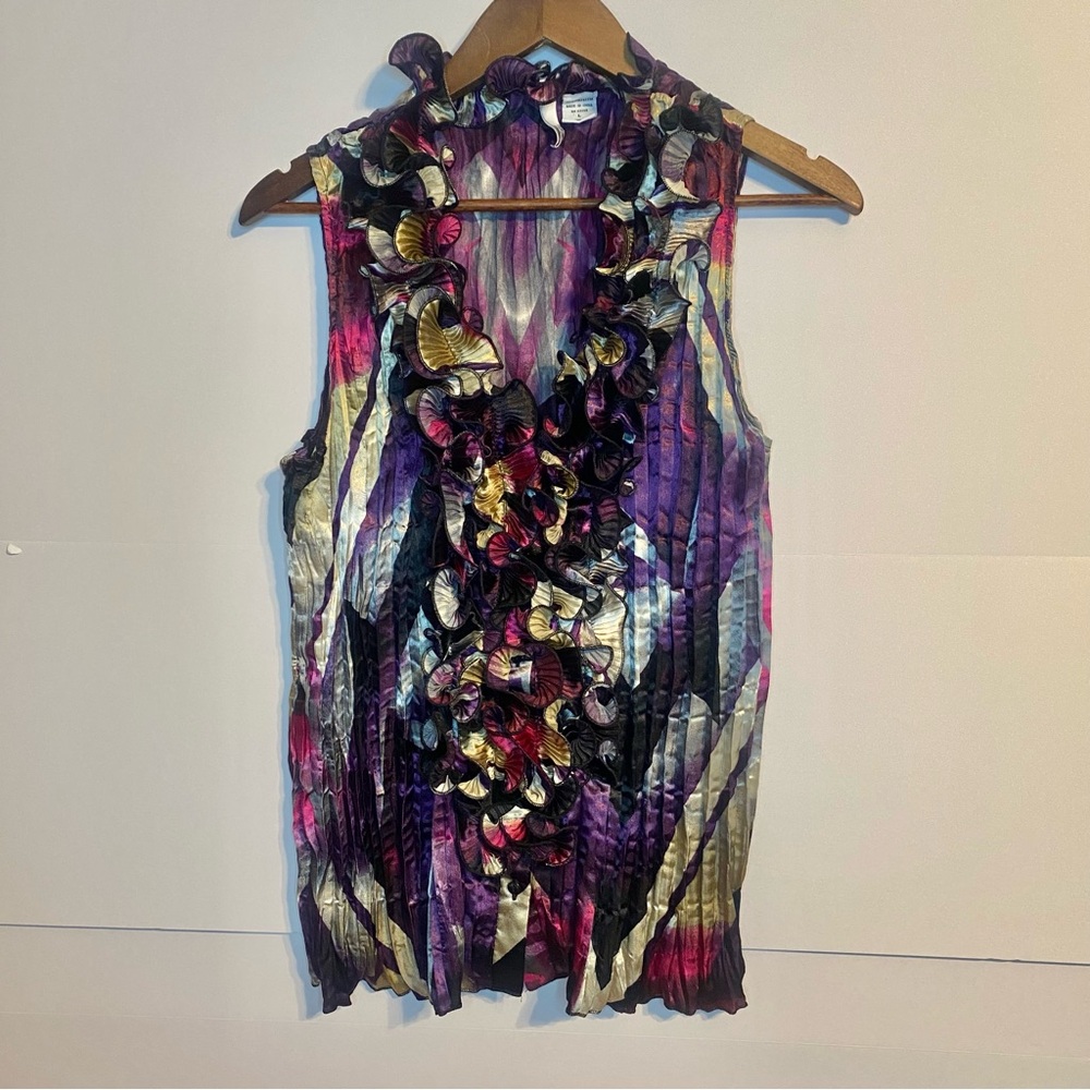 Steampunk Purple Multi Color Ruffled Button Up Short Sleeve Women's Top